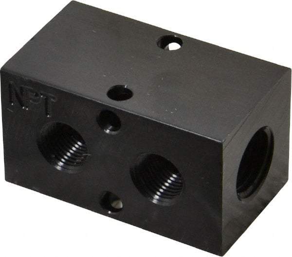 Made in USA - 1/4" Inlet, 1/8" Outlet Manifold - 1-3/4" Long x 1" Wide x 1" High, 0.17" Mount Hole, 2 Inlet Ports, 2 Outlet Ports - Exact Industrial Supply