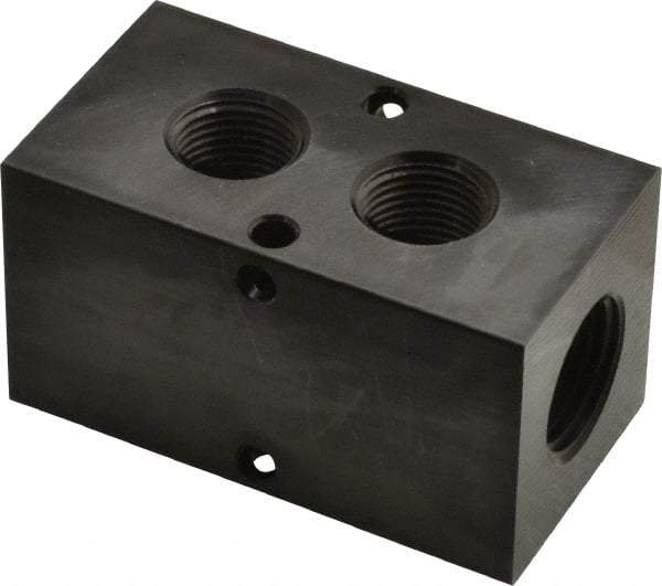 Made in USA - 1/2" Inlet, 3/8" Outlet Manifold - 2-3/4" Long x 1-1/2" Wide x 1-1/2" High, 0.2" Mount Hole, 2 Inlet Ports, 2 Outlet Ports - Exact Industrial Supply