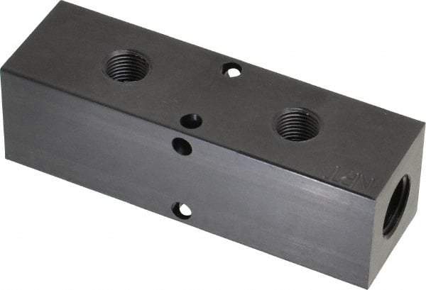 Made in USA - 1/4" Inlet, 1/8" Outlet Manifold - 3-1/4" Long x 1" Wide x 1" High, 0.17" Mount Hole, 2 Inlet Ports, 2 Outlet Ports - Exact Industrial Supply