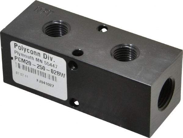 Made in USA - 3/8" Inlet, 1/4" Outlet Manifold - 3-1/4" Long x 1-1/4" Wide x 1-1/4" High, 0.2" Mount Hole, 2 Inlet Ports, 2 Outlet Ports - Exact Industrial Supply