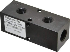 Made in USA - 3/8" Inlet, 1/4" Outlet Manifold - 3-1/4" Long x 1-1/4" Wide x 1-1/4" High, 0.2" Mount Hole, 2 Inlet Ports, 2 Outlet Ports - Exact Industrial Supply