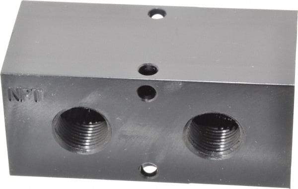 Made in USA - 1/2" Inlet, 3/8" Outlet Manifold - 3-1/4" Long x 1-1/2" Wide x 1-1/2" High, 0.2" Mount Hole, 2 Inlet Ports, 2 Outlet Ports - Exact Industrial Supply