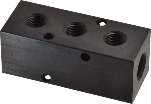 Made in USA - 1/4" Inlet, 1/8" Outlet Manifold - 2-1/2" Long x 1" Wide x 1" High, 0.17" Mount Hole, 2 Inlet Ports, 3 Outlet Ports - Exact Industrial Supply