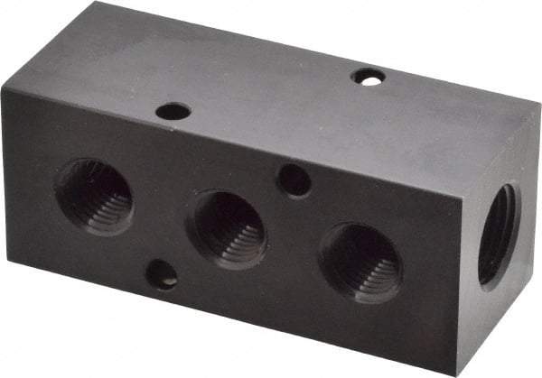 Made in USA - 3/8" Inlet, 1/4" Outlet Manifold - 3-1/4" Long x 1-1/4" Wide x 1-1/4" High, 0.2" Mount Hole, 2 Inlet Ports, 3 Outlet Ports - Exact Industrial Supply