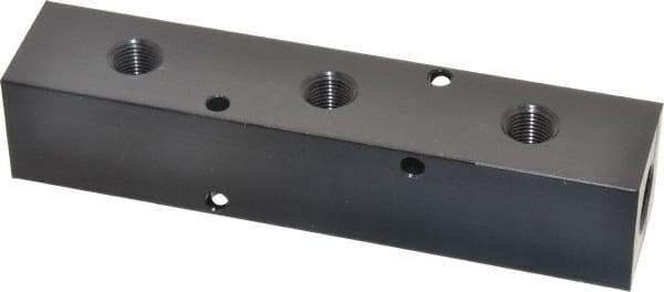 Made in USA - 1/4" Inlet, 1/8" Outlet Manifold - 4-3/4" Long x 1" Wide x 1" High, 0.17" Mount Hole, 2 Inlet Ports, 3 Outlet Ports - Exact Industrial Supply