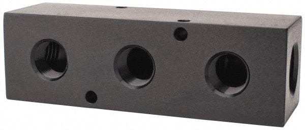 Made in USA - 1/2" Inlet, 3/8" Outlet Manifold - 4-3/4" Long x 1-1/2" Wide x 1-1/2" High, 0.2" Mount Hole, 2 Inlet Ports, 3 Outlet Ports - Exact Industrial Supply