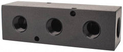Made in USA - 1/2" Inlet, 3/8" Outlet Manifold - 4-3/4" Long x 1-1/2" Wide x 1-1/2" High, 0.2" Mount Hole, 2 Inlet Ports, 3 Outlet Ports - Exact Industrial Supply
