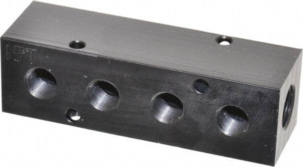 Made in USA - 1/4" Inlet, 1/8" Outlet Manifold - 3-1/4" Long x 1" Wide x 1" High, 0.17" Mount Hole, 2 Inlet Ports, 4 Outlet Ports - Exact Industrial Supply