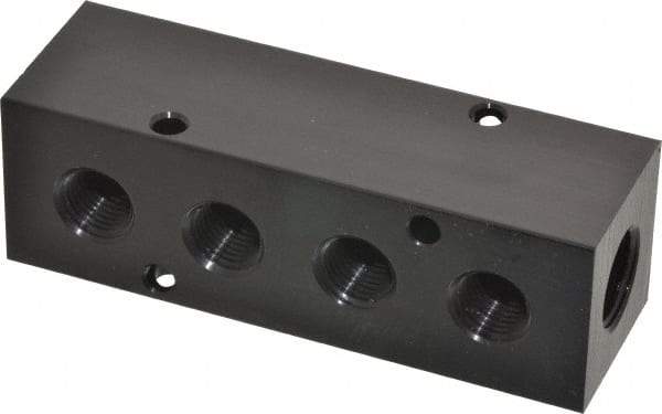 Made in USA - 3/8" Inlet, 1/4" Outlet Manifold - 4.12" Long x 1-1/4" Wide x 1-1/4" High, 0.2" Mount Hole, 2 Inlet Ports, 4 Outlet Ports - Exact Industrial Supply