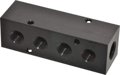 Made in USA - 3/8" Inlet, 1/4" Outlet Manifold - 4.12" Long x 1-1/4" Wide x 1-1/4" High, 0.2" Mount Hole, 2 Inlet Ports, 4 Outlet Ports - Exact Industrial Supply