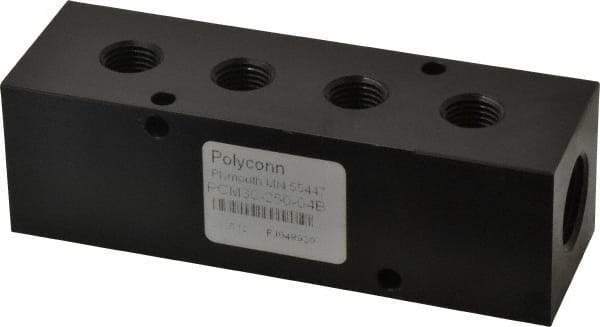 Made in USA - 1/2" Inlet, 1/4" Outlet Manifold - 4-3/4" Long x 1-1/2" Wide x 1-1/2" High, 0.2" Mount Hole, 2 Inlet Ports, 4 Outlet Ports - Exact Industrial Supply