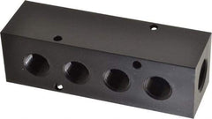Made in USA - 1/2" Inlet, 3/8" Outlet Manifold - 4-3/4" Long x 1-1/2" Wide x 1-1/2" High, 0.2" Mount Hole, 2 Inlet Ports, 4 Outlet Ports - Exact Industrial Supply