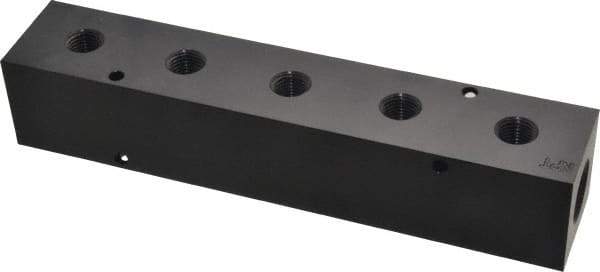 Made in USA - 1/2" Inlet, 1/4" Outlet Manifold - 7-3/4" Long x 1-1/2" Wide x 1-1/2" High, 0.2" Mount Hole, 2 Inlet Ports, 5 Outlet Ports - Exact Industrial Supply