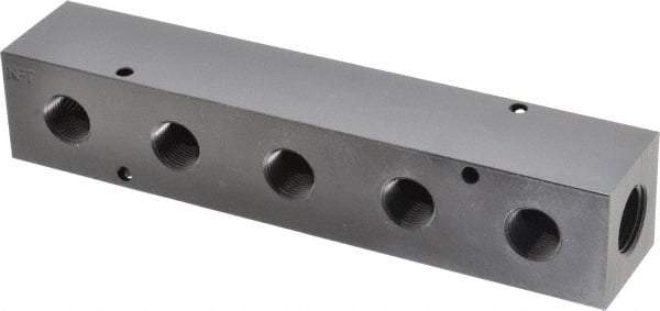 Made in USA - 1/2" Inlet, 3/8" Outlet Manifold - 7-3/4" Long x 1-1/2" Wide x 1-1/2" High, 0.2" Mount Hole, 2 Inlet Ports, 5 Outlet Ports - Exact Industrial Supply