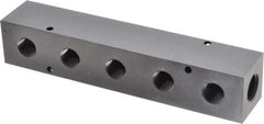 Made in USA - 1/2" Inlet, 3/8" Outlet Manifold - 7-3/4" Long x 1-1/2" Wide x 1-1/2" High, 0.2" Mount Hole, 2 Inlet Ports, 5 Outlet Ports - Exact Industrial Supply