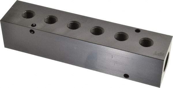 Made in USA - 1/2" Inlet, 1/4" Outlet Manifold - 6-3/4" Long x 1-1/2" Wide x 1-1/2" High, 0.2" Mount Hole, 2 Inlet Ports, 6 Outlet Ports - Exact Industrial Supply