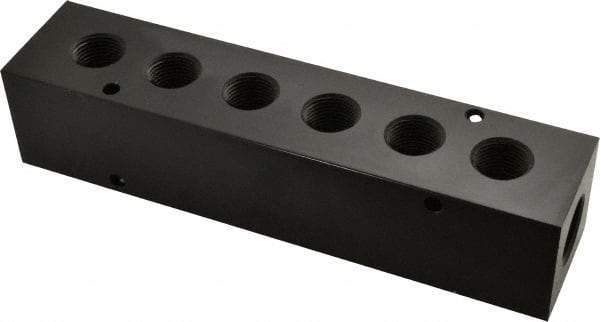 Made in USA - 1/2" Inlet, 3/8" Outlet Manifold - 6-3/4" Long x 1-1/2" Wide x 1-1/2" High, 0.2" Mount Hole, 2 Inlet Ports, 6 Outlet Ports - Exact Industrial Supply
