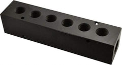 Made in USA - 1/2" Inlet, 3/8" Outlet Manifold - 6-3/4" Long x 1-1/2" Wide x 1-1/2" High, 0.2" Mount Hole, 2 Inlet Ports, 6 Outlet Ports - Exact Industrial Supply