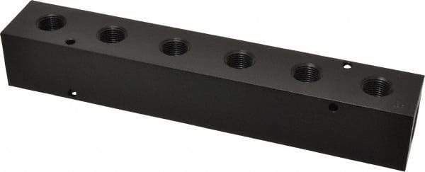 Made in USA - 1/2" Inlet, 3/8" Outlet Manifold - 9-1/4" Long x 1-1/2" Wide x 1-1/2" High, 0.2" Mount Hole, 2 Inlet Ports, 6 Outlet Ports - Exact Industrial Supply
