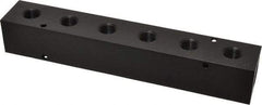Made in USA - 1/2" Inlet, 3/8" Outlet Manifold - 9-1/4" Long x 1-1/2" Wide x 1-1/2" High, 0.2" Mount Hole, 2 Inlet Ports, 6 Outlet Ports - Exact Industrial Supply