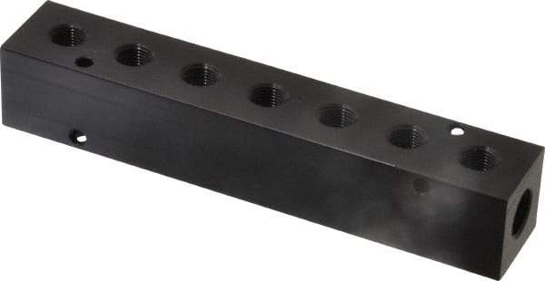 Made in USA - 1/4" Inlet, 1/8" Outlet Manifold - 5-1/2" Long x 1" Wide x 1" High, 0.17" Mount Hole, 2 Inlet Ports, 7 Outlet Ports - Exact Industrial Supply