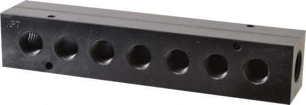 Made in USA - 1/2" Inlet, 3/8" Outlet Manifold - 7-3/4" Long x 1-1/2" Wide x 1-1/2" High, 0.2" Mount Hole, 2 Inlet Ports, 7 Outlet Ports - Exact Industrial Supply