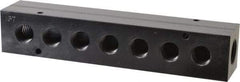 Made in USA - 1/2" Inlet, 3/8" Outlet Manifold - 7-3/4" Long x 1-1/2" Wide x 1-1/2" High, 0.2" Mount Hole, 2 Inlet Ports, 7 Outlet Ports - Exact Industrial Supply