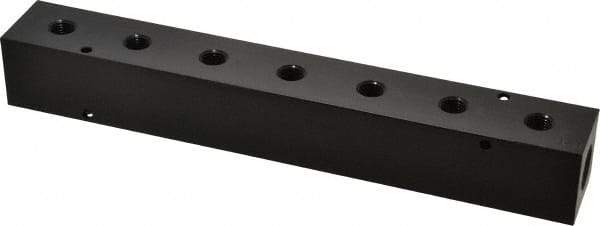 Made in USA - 1/2" Inlet, 1/4" Outlet Manifold - 10-3/4" Long x 1-1/2" Wide x 1-1/2" High, 0.2" Mount Hole, 2 Inlet Ports, 7 Outlet Ports - Exact Industrial Supply