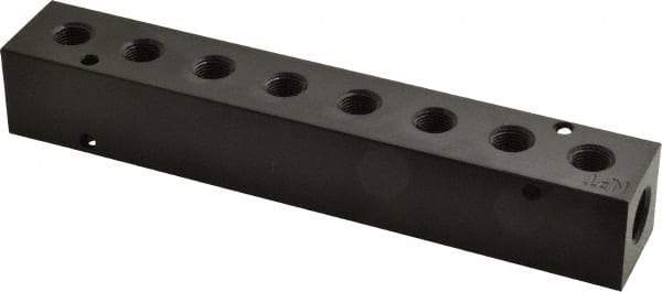 Made in USA - 1/4" Inlet, 1/8" Outlet Manifold - 6-1/4" Long x 1" Wide x 1" High, 0.17" Mount Hole, 2 Inlet Ports, 8 Outlet Ports - Exact Industrial Supply