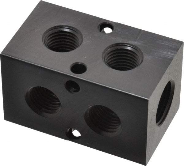 Made in USA - 3/8" Inlet, 1/4" Outlet Manifold - 2.37" Long x 1-1/4" Wide x 1-1/4" High, 0.2" Mount Hole, 2 Inlet Ports, 2 Outlet Ports - Exact Industrial Supply