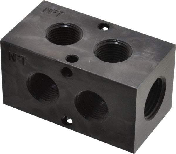 Made in USA - 1/2" Inlet, 3/8" Outlet Manifold - 2-3/4" Long x 1-1/2" Wide x 1-1/2" High, 0.2" Mount Hole, 2 Inlet Ports, 2 Outlet Ports - Exact Industrial Supply