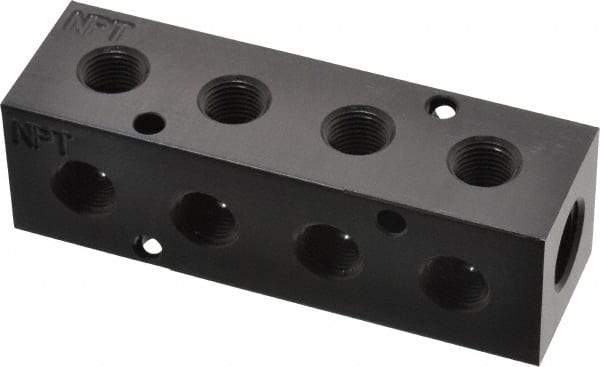 Made in USA - 1/4" Inlet, 1/8" Outlet Manifold - 3-1/4" Long x 1" Wide x 1" High, 0.17" Mount Hole, 2 Inlet Ports, 4 Outlet Ports - Exact Industrial Supply