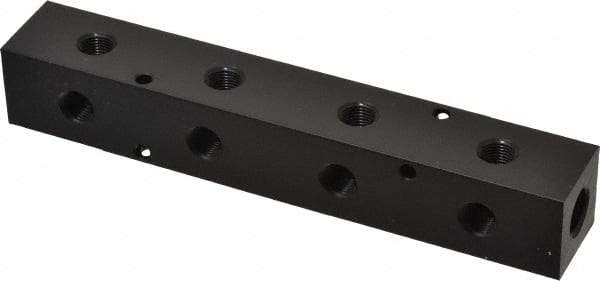 Made in USA - 1/4" Inlet, 1/8" Outlet Manifold - 6-1/4" Long x 1" Wide x 1" High, 0.17" Mount Hole, 2 Inlet Ports, 4 Outlet Ports - Exact Industrial Supply