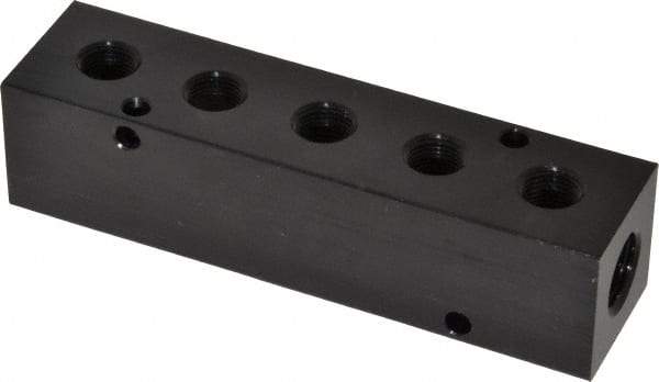Made in USA - 1/4" Inlet, 1/8" Outlet Manifold - 4" Long x 1" Wide x 1" High, 0.17" Mount Hole, 2 Inlet Ports, 5 Outlet Ports - Exact Industrial Supply