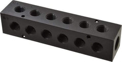 Made in USA - 1/2" Inlet, 3/8" Outlet Manifold - 6-3/4" Long x 1-1/2" Wide x 1-1/2" High, 0.2" Mount Hole, 2 Inlet Ports, 6 Outlet Ports - Exact Industrial Supply