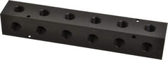 Made in USA - 1/2" Inlet, 3/8" Outlet Manifold - 9-1/4" Long x 1-1/2" Wide x 1-1/2" High, 0.2" Mount Hole, 2 Inlet Ports, 6 Outlet Ports - Exact Industrial Supply