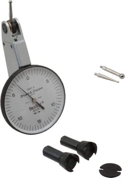 TESA Brown & Sharpe - 0.03 Inch Range, 0.0005 Inch Dial Graduation, Horizontal Dial Test Indicator - 1-1/2 Inch White Dial, 0-15-0 Dial Reading, Accurate to 0.0005 Inch - Exact Industrial Supply