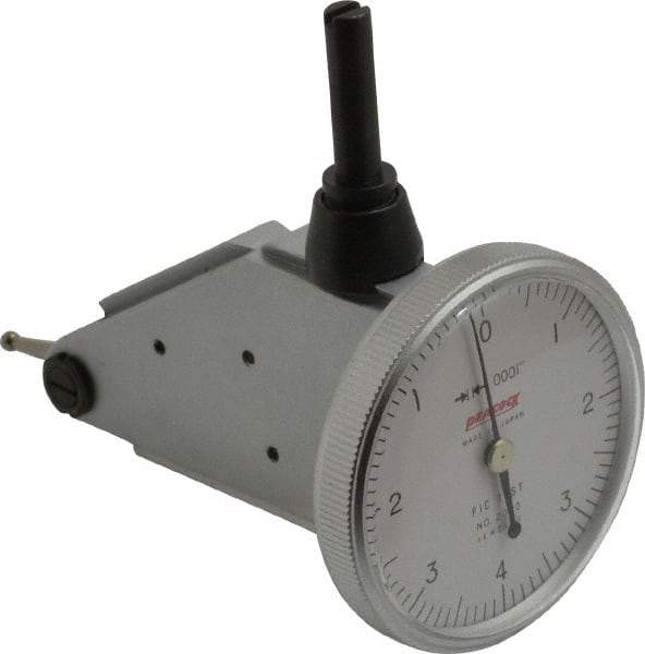 Peacock - 0.008 Inch Range, 0.0001 Inch Dial Graduation, Vertical Dial Test Indicator - 1-3/8 Inch White Dial, 0-4-0 Dial Reading, Accurate to 0.0003 Inch - Exact Industrial Supply