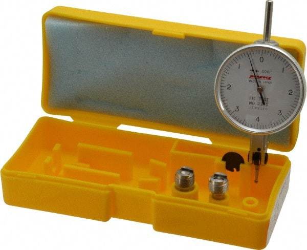 Peacock - 0.008 Inch Range, 0.0001 Inch Dial Graduation, Horizontal Dial Test Indicator - 1-53/64 Inch White Dial, 0-4-0 Dial Reading, Accurate to 0.0003 Inch - Exact Industrial Supply