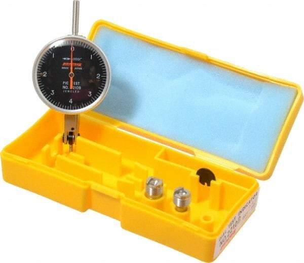 Peacock - 0.008 Inch Range, 0.0001 Inch Dial Graduation, Horizontal Dial Test Indicator - 1-53/64 Inch Black Dial, 0-4-0 Dial Reading, Accurate to 0.0003 Inch - Exact Industrial Supply