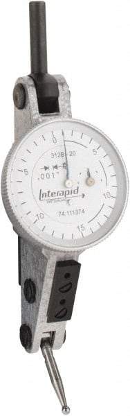 INTERAPID - 0.06 Inch Range, 0.001 Inch Dial Graduation, Horizontal Dial Test Indicator - 1.2 Inch White Dial, 0-15-0 Dial Reading - Exact Industrial Supply