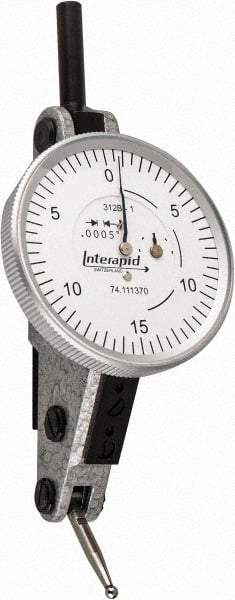 INTERAPID - 0.06 Inch Range, 0.0005 Inch Dial Graduation, Horizontal Dial Test Indicator - 1-1/2 Inch White Dial, 0-15-0 Dial Reading - Exact Industrial Supply