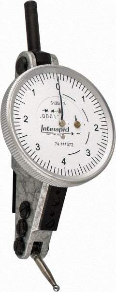 INTERAPID - 0.016 Inch Range, 0.0001 Inch Dial Graduation, Horizontal Dial Test Indicator - 1-1/2 Inch White Dial, 0-4-0 Dial Reading - Exact Industrial Supply