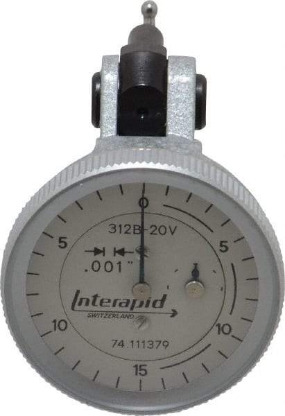 INTERAPID - 0.06 Inch Range, 0.001 Inch Dial Graduation, Vertical Dial Test Indicator - 1.2 Inch White Dial, 0-15-0 Dial Reading - Exact Industrial Supply