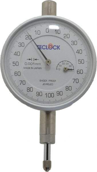 Teclock - 1mm Range, 0-100-0 Dial Reading, 0.001mm Graduation Dial Drop Indicator - 2-13/64" Dial, Revolution Counter - Exact Industrial Supply