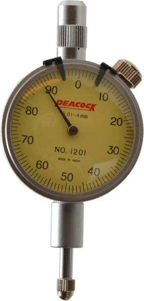Peacock - 4mm Range, 0-100 Dial Reading, 0.01mm Graduation Dial Drop Indicator - 1-37/64" Dial - Exact Industrial Supply