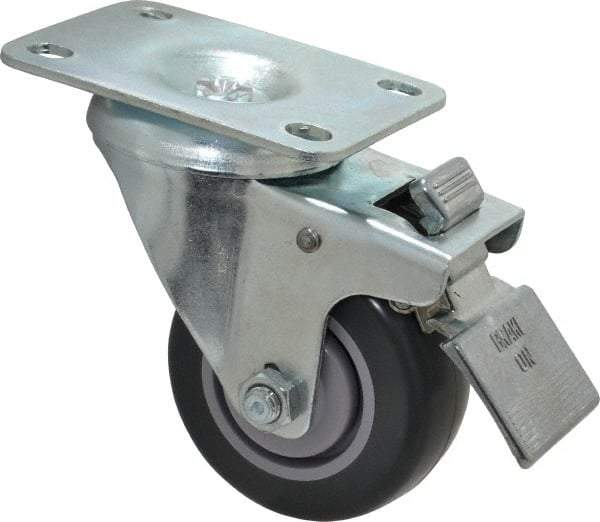 Shepherd - 3" Diam x 1-1/4" Wide x 4-1/4" OAH Top Plate Mount Swivel Caster with Brake - Polyurethane, 185 Lb Capacity, Ball Bearing, 2-5/8 x 3-3/4" Plate - Exact Industrial Supply