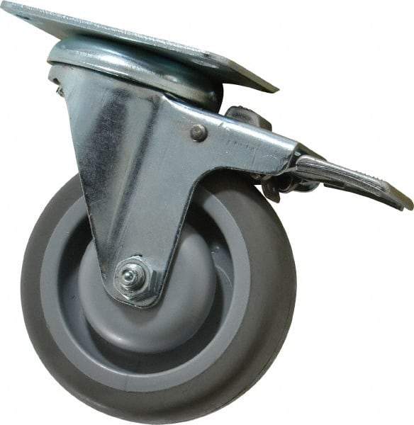 Shepherd - 4" Diam x 1-1/4" Wide x 5-1/4" OAH Top Plate Mount Swivel Caster with Brake - Polyurethane, 200 Lb Capacity, Ball Bearing, 2-5/8 x 3-3/4" Plate - Exact Industrial Supply