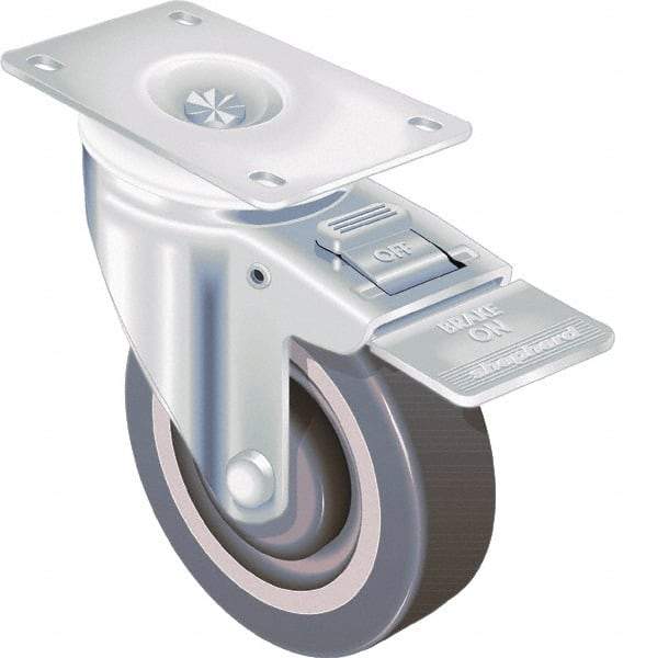 Shepherd - 4" Diam x 1-1/4" Wide x 5-1/4" OAH Top Plate Mount Swivel Caster with Brake - TPR, 185 Lb Capacity, Ball Bearing, 2-5/8 x 3-3/4" Plate - Exact Industrial Supply