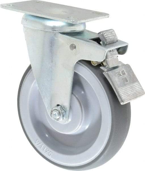 Shepherd - 5" Diam x 1-1/4" Wide x 6-1/4" OAH Top Plate Mount Swivel Caster with Brake - TPR, 200 Lb Capacity, Ball Bearing, 2-5/8 x 3-3/4" Plate - Exact Industrial Supply